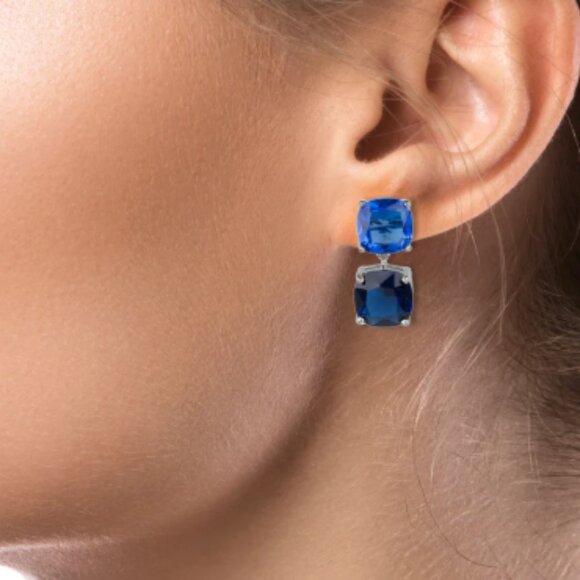 Kenneth Jay Lane Double Blue Sapphire Cushion Drop Earrings - Picture 2 of 3